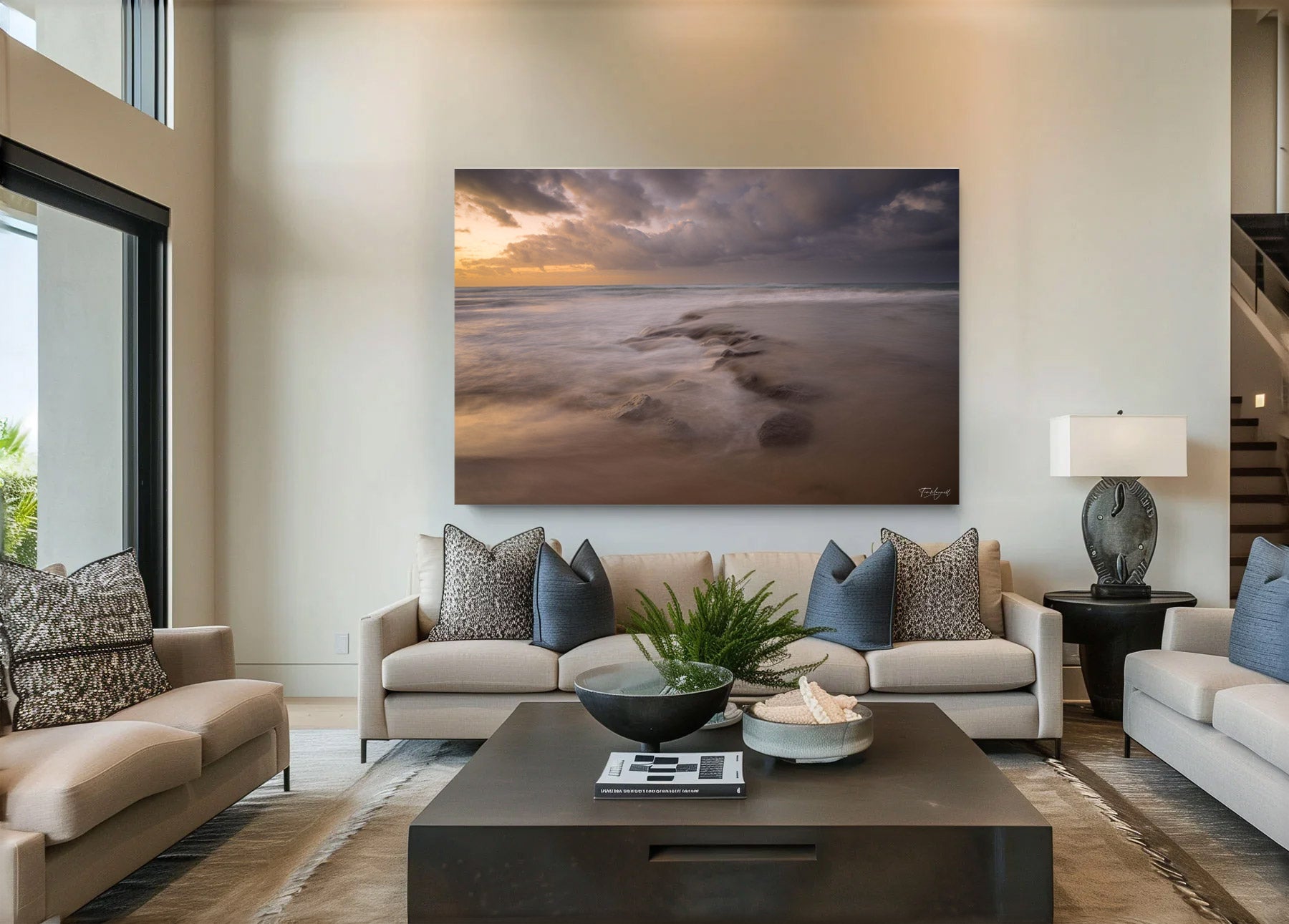 Lumachrome acrylic print of Veil of Tide displayed in a modern living room.