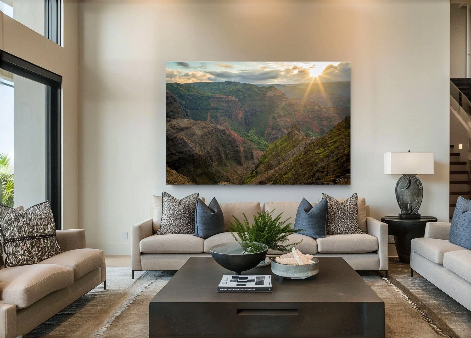 Lumachrome acrylic print of Waimea Glow displayed in a modern living room.