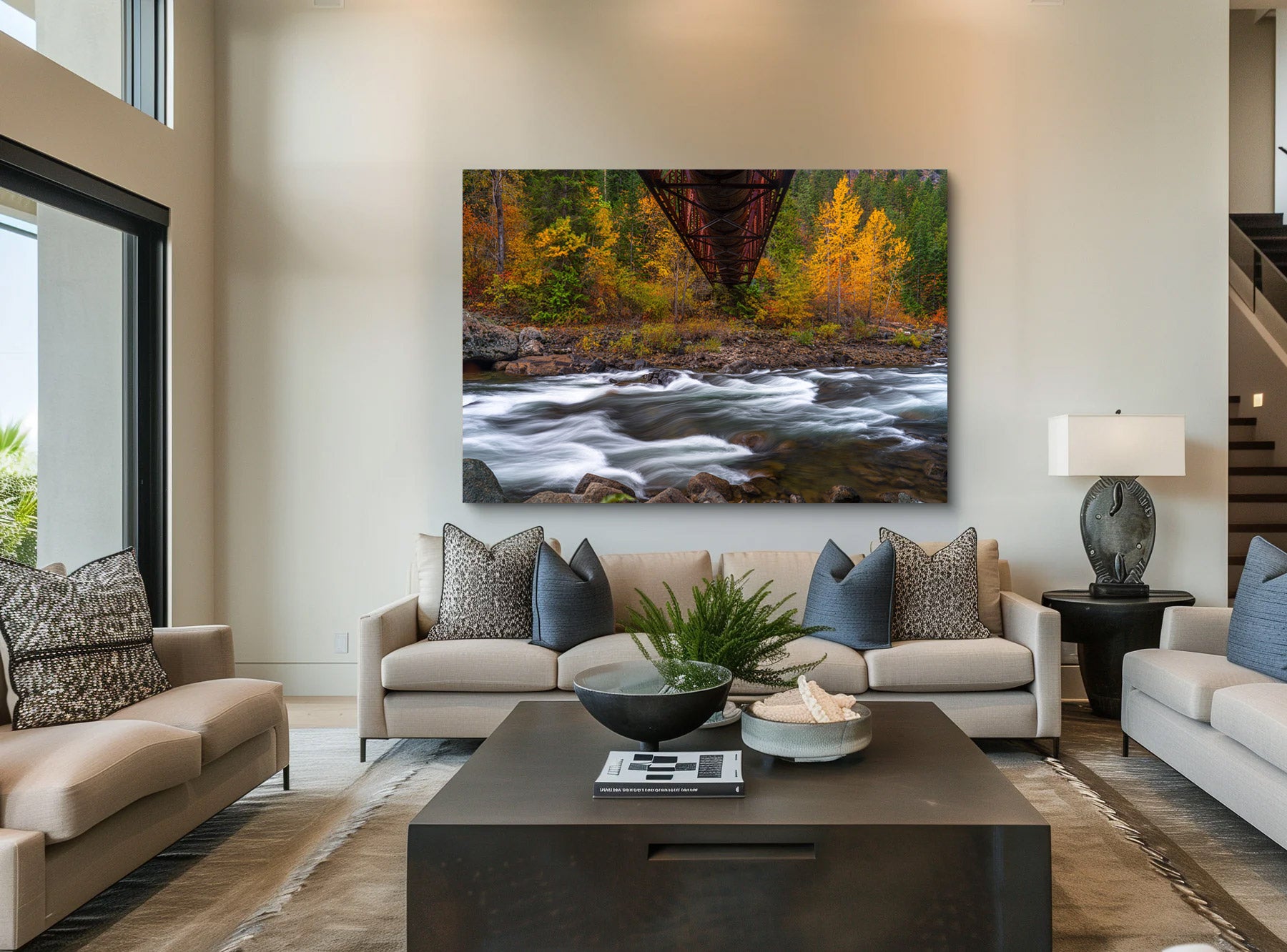 Lumachrome acrylic print of Water Under the Bridge displayed in a modern living room.