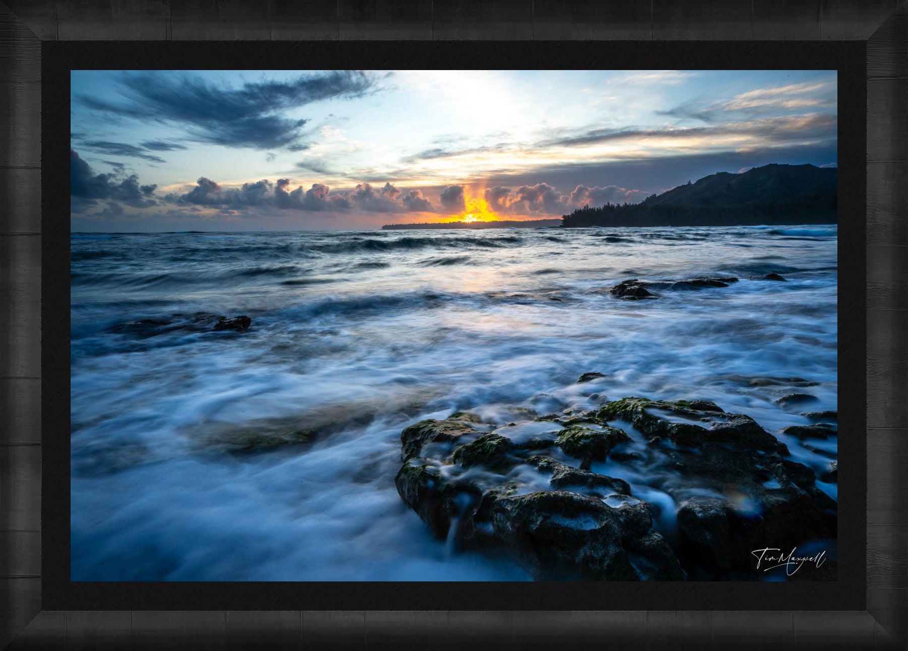 Wave and Flame fine art print in ROMA Moulding wood frame with black liner.
