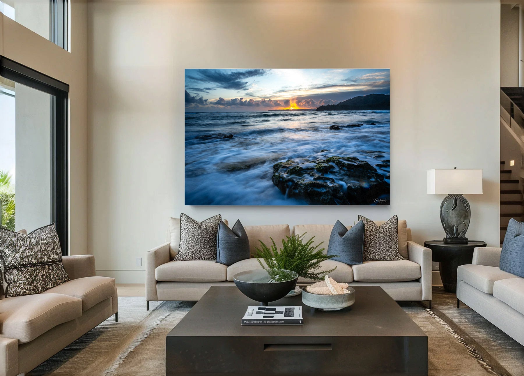 Lumachrome acrylic print of Wave and Flame displayed in a modern living room.